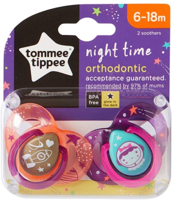 Tommee Tippee - Chupones Night Time 6-18M Rosado x2 unidades